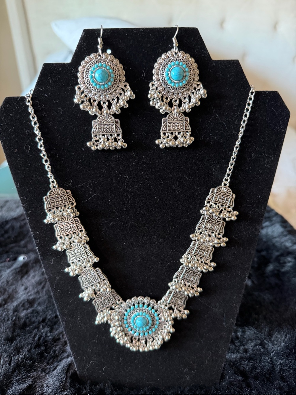Turquoise-Accent Silver Filigree Necklace & Earrings Set